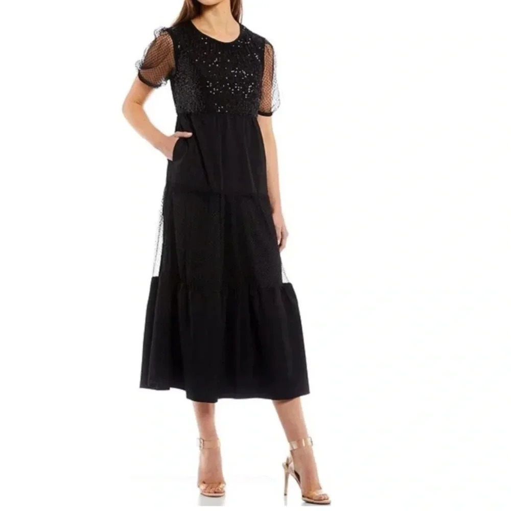 LDT Ira Sequined Midi Dress Black Short Sleeve Sz XSmall NWT